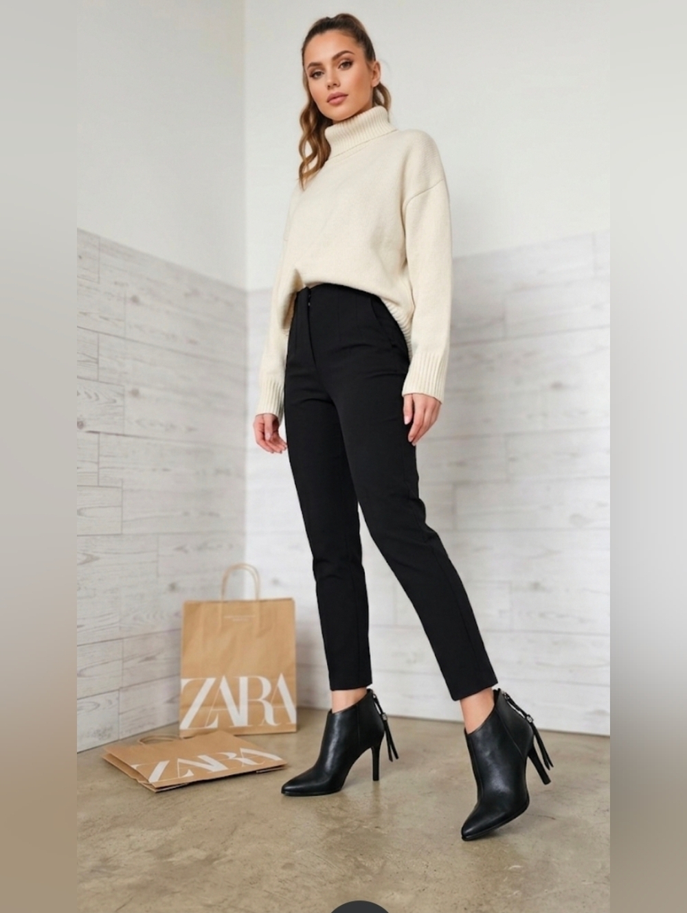 NWOT ZARA Women's Black Leather Booties, Size 39/US 8 Back Zip, Sleek Stiletto